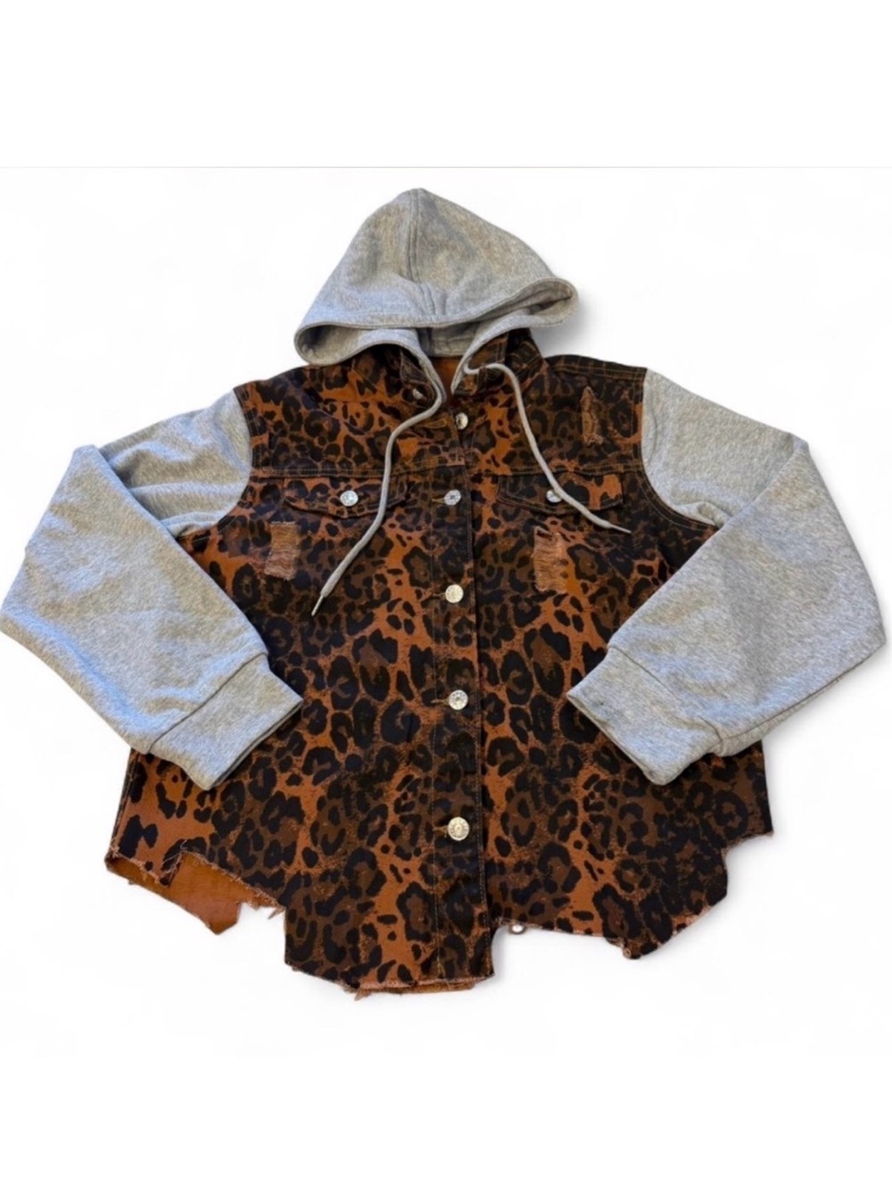Leopard Print Hoodie Shacket Jacket Women’s Small Boho Baddie Moto Grunge Brown
